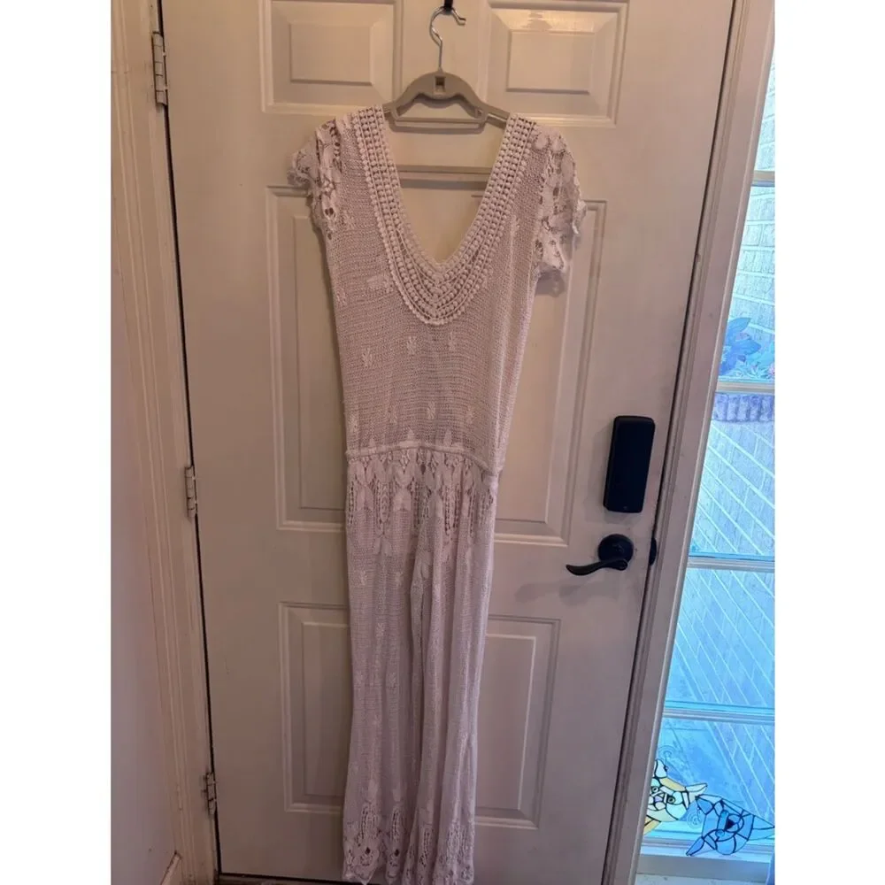 Jen's Pirate Booty Boho Chic White Crochet Wrap Jumpsuit perfect for a festival - Picture 4 of 5